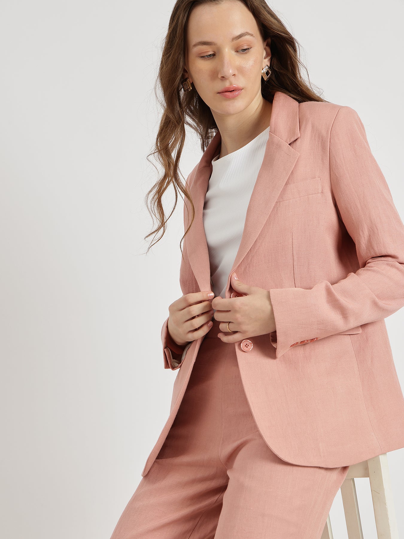Linen Blazer & Trouser Co-ord Set - Dusty Pink