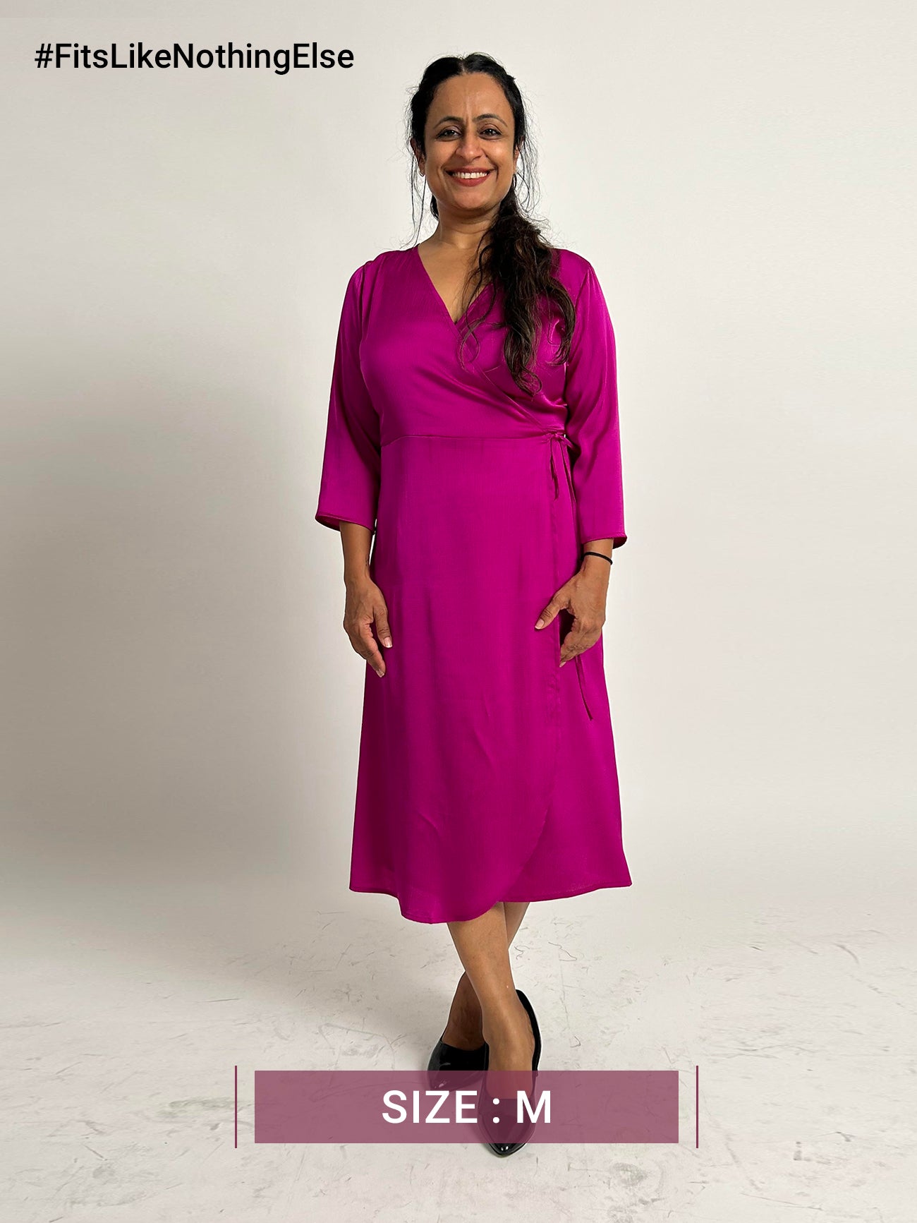 Satin V Neck Wrap Dress - Fuchsia