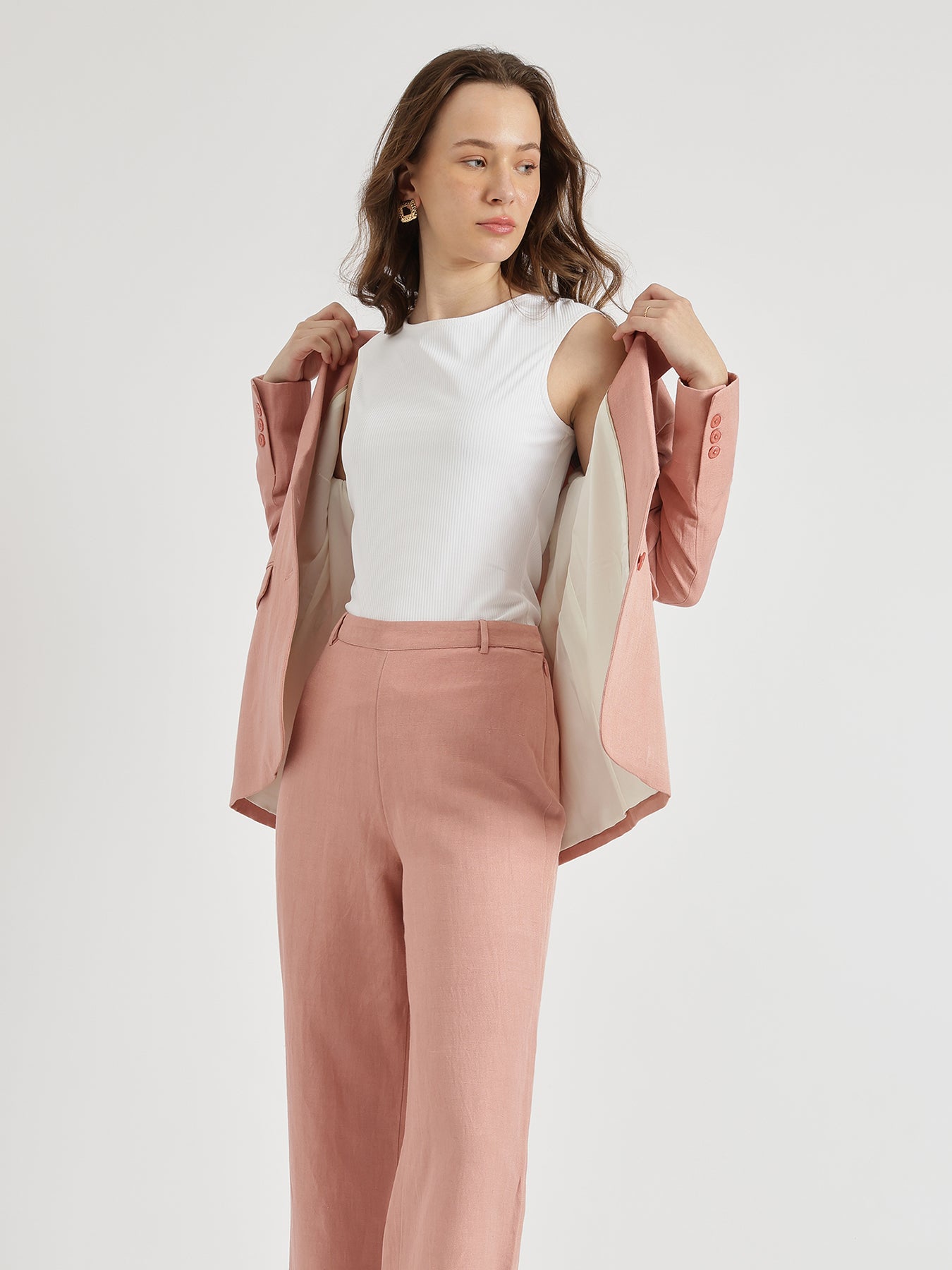 Linen Blazer & Trouser Co-ord Set - Dusty Pink