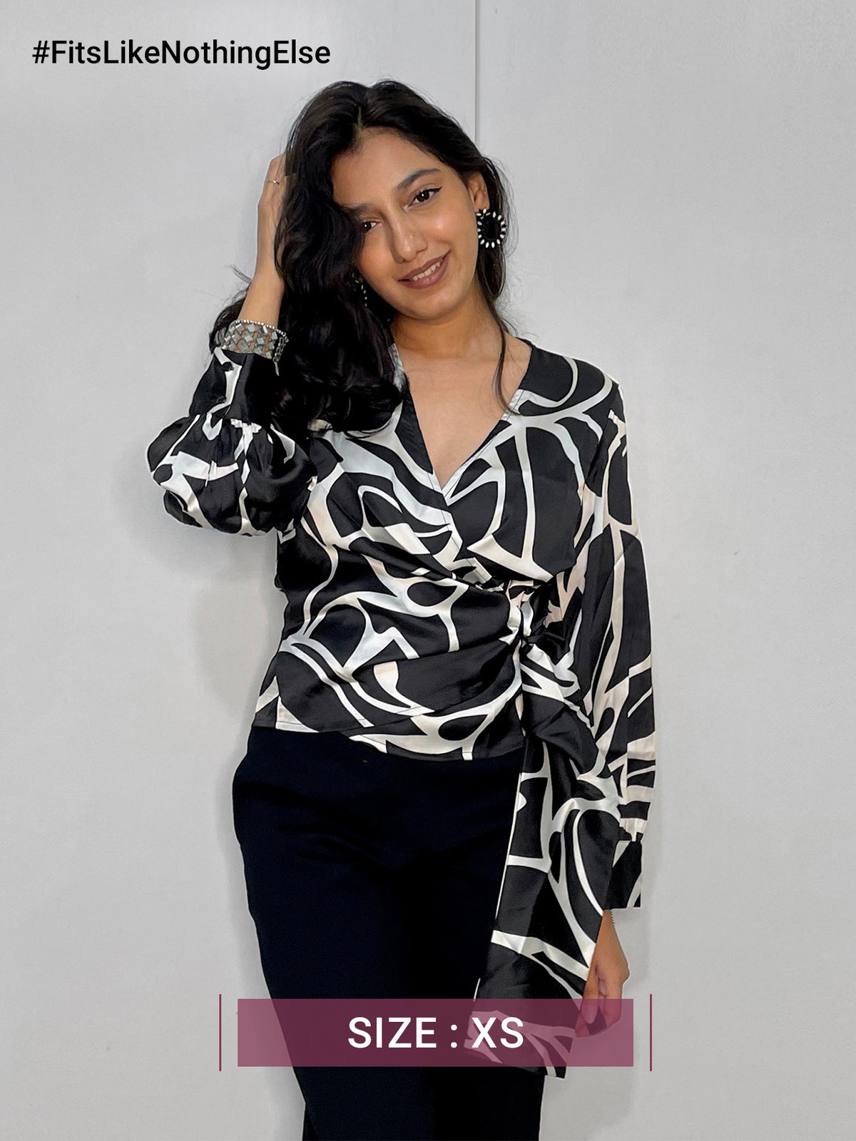 Satin V-Neck Wrap Top - White And Black