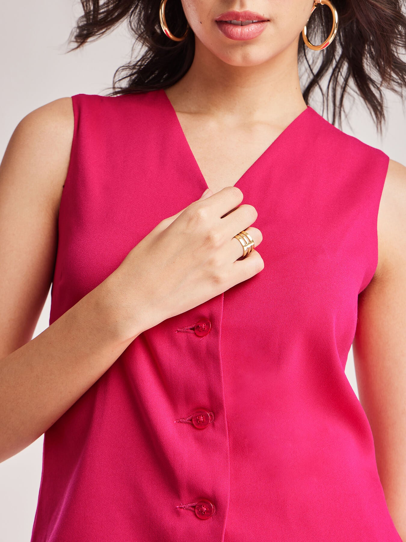 Solid V Neck Top And Trouser Coord - Fuchsia