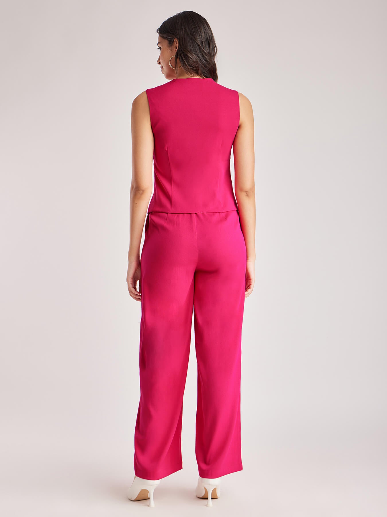 Solid V Neck Top And Trouser Coord - Fuchsia