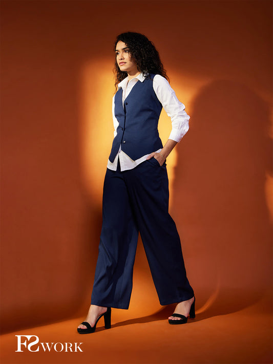 Solid V Neck Top And Trouser Coord - Navy Blue