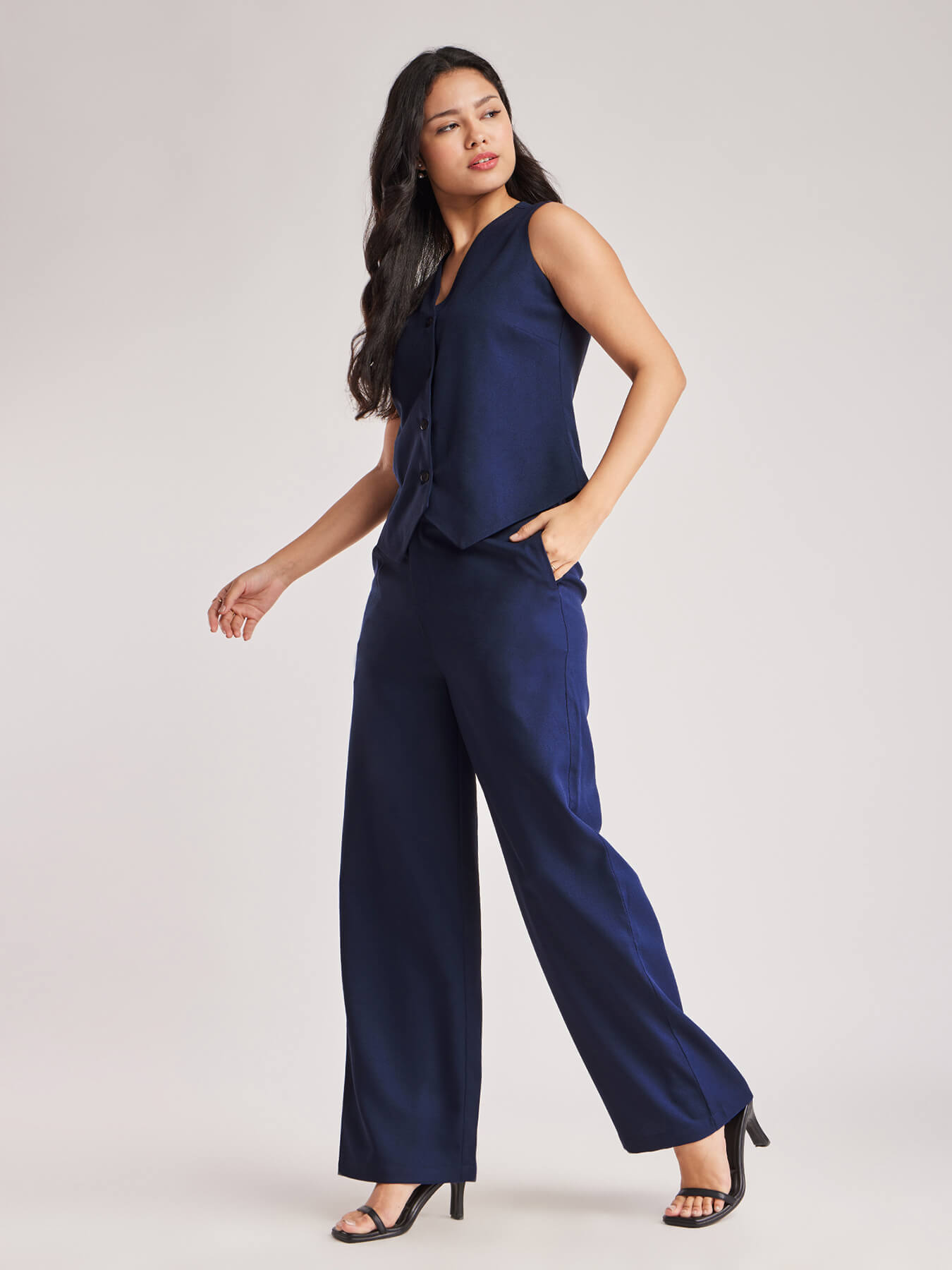 Solid V Neck Top And Trouser Coord - Navy Blue