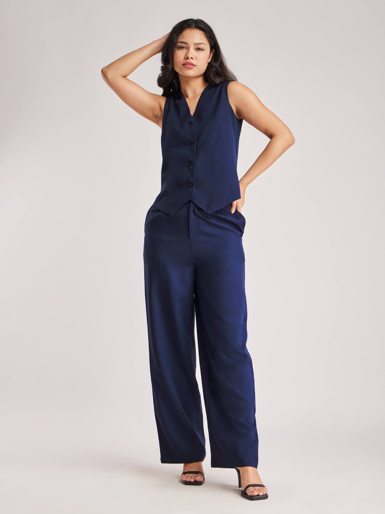Solid V Neck Top And Trouser Coord - Navy Blue