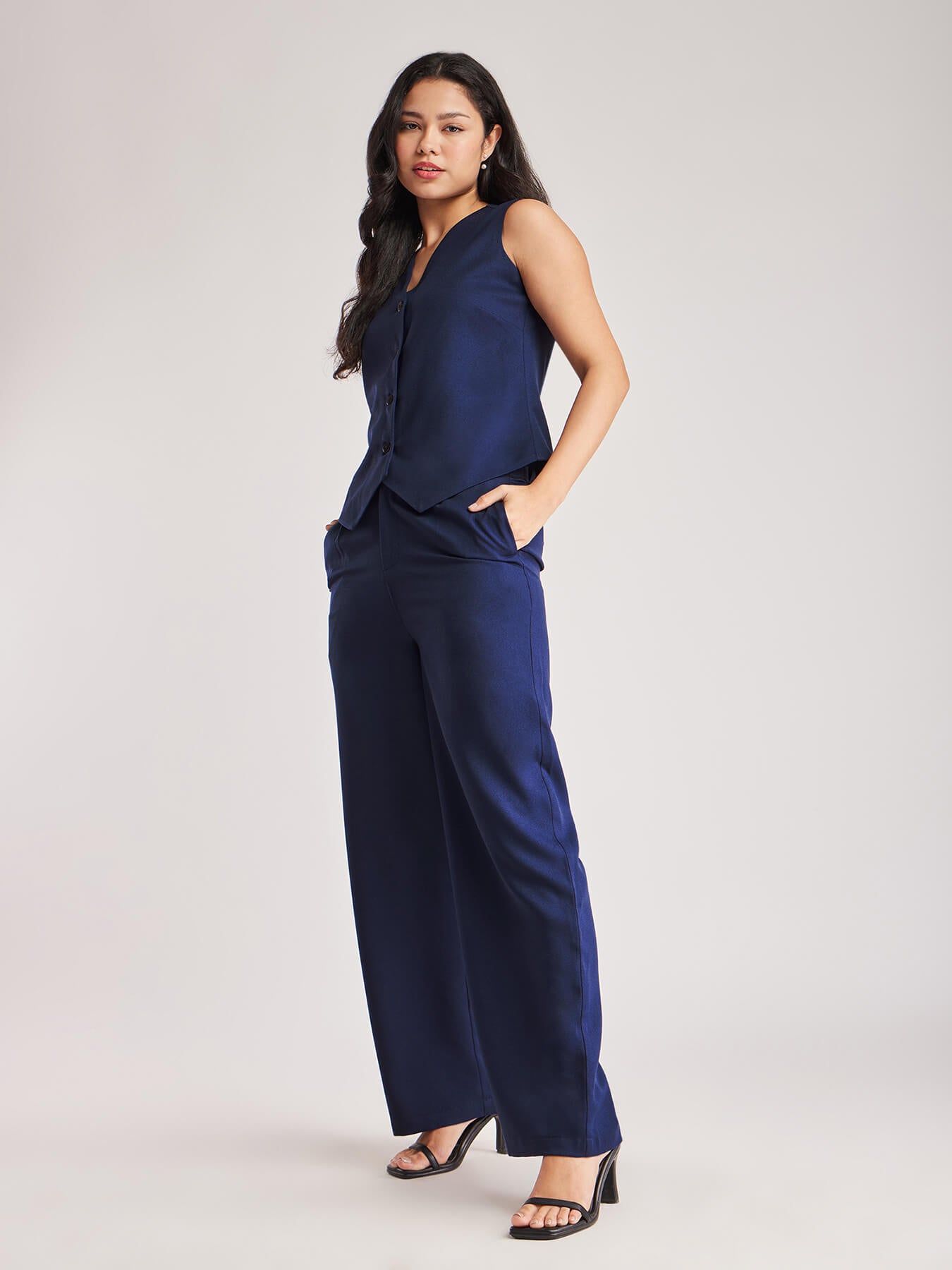Solid V Neck Top And Trouser Coord - Navy Blue