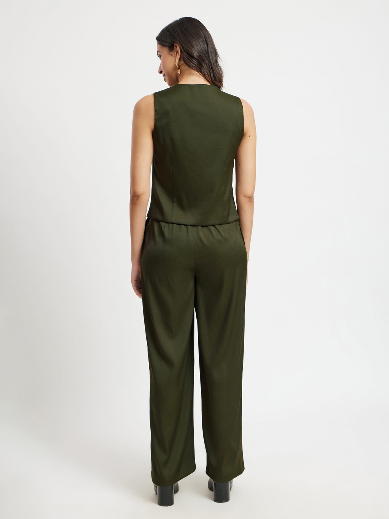 Button Down Vest And Trousers Co-ord Set - Olive