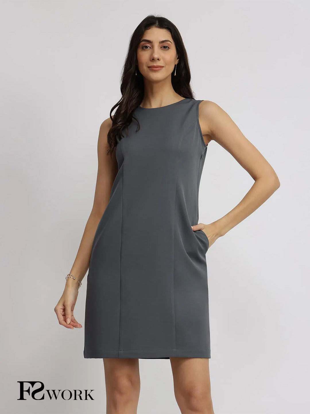Crew Neck Shift Dress - Grey