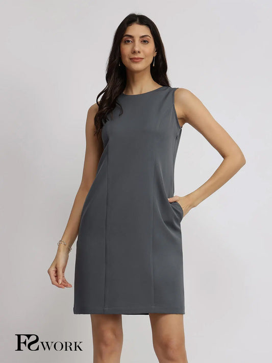 Crew Neck Shift Dress - Grey
