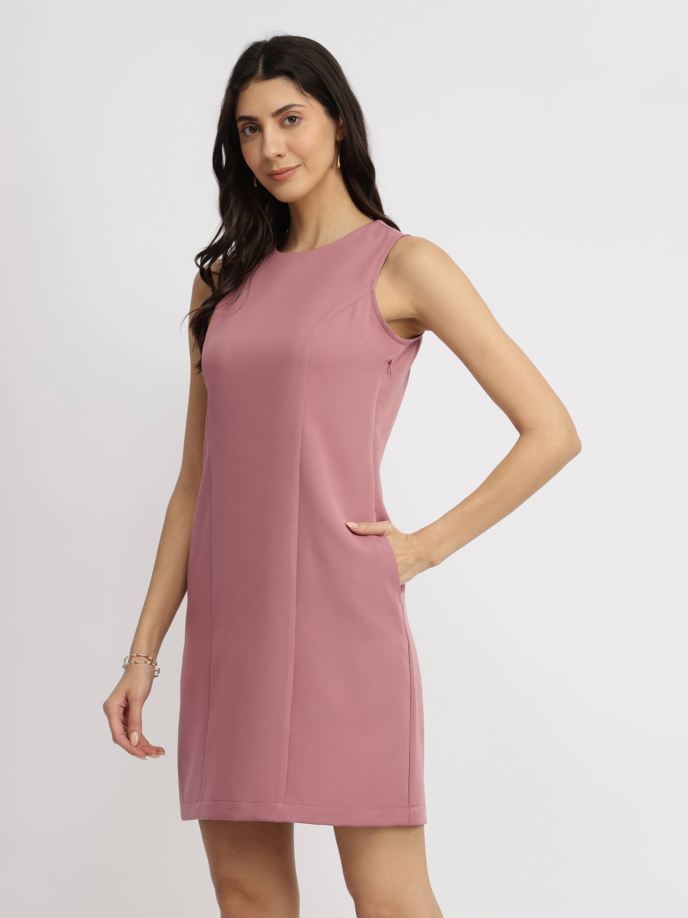 Crew Neck Shift Dress - Dusty Pink