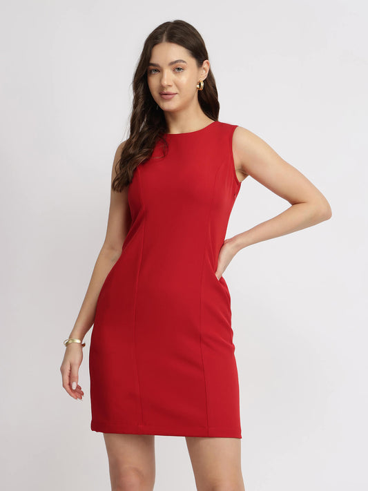 Crew Neck Shift Dress - Red