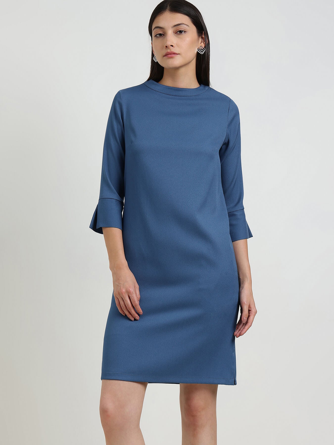 Mandarin Collar Shift Dress - Blue
