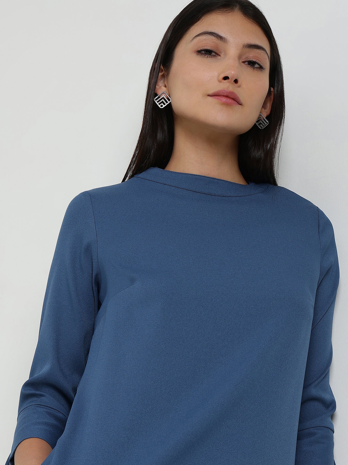 Mandarin Collar Shift Dress - Blue