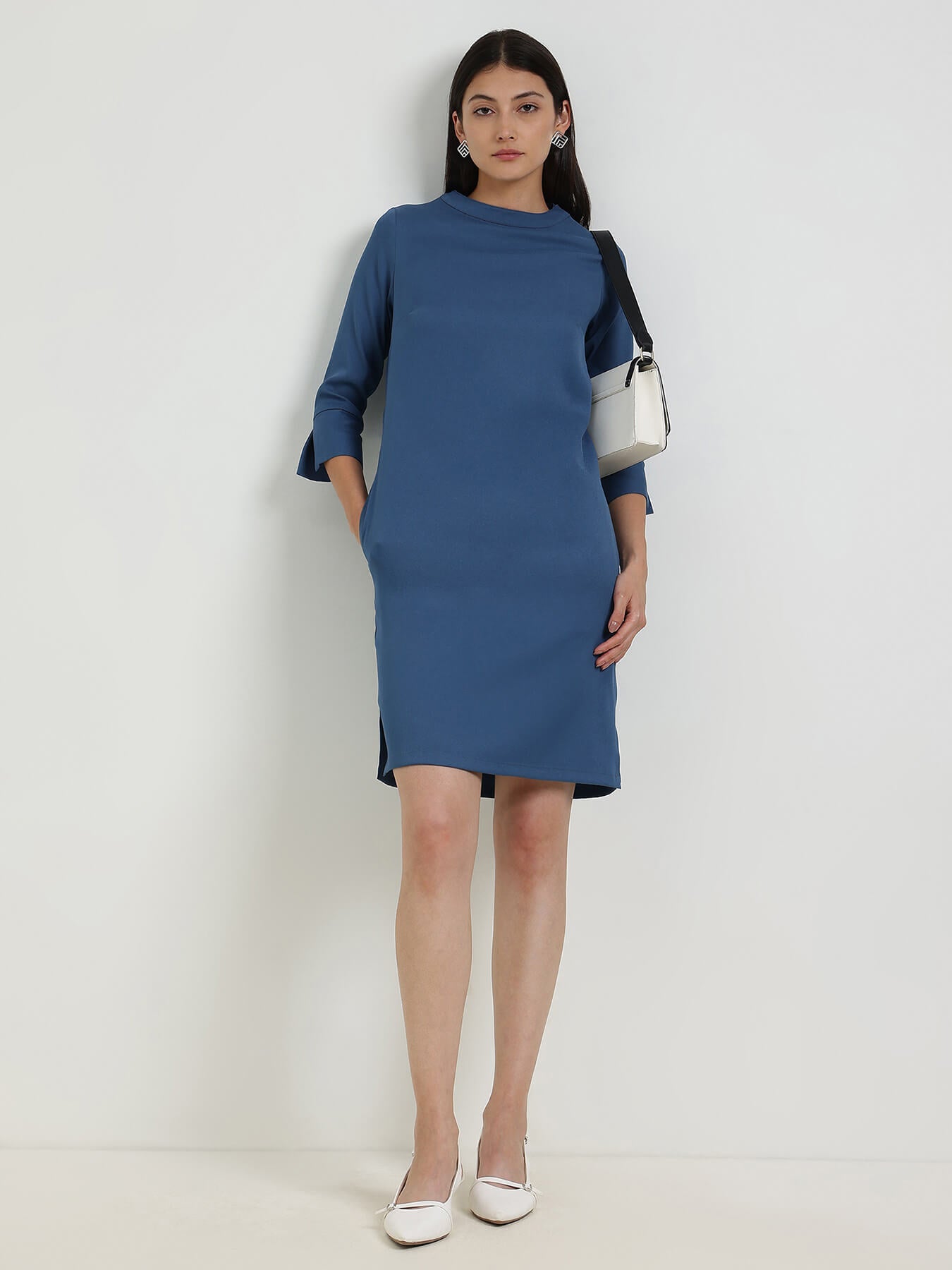 Mandarin Collar Shift Dress - Blue