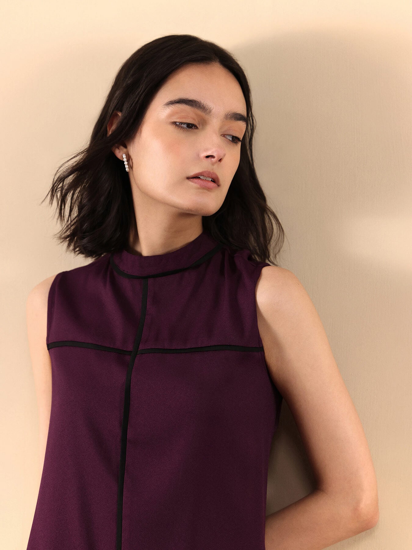 High Neck Piping Detail Shift Dress - Maroon