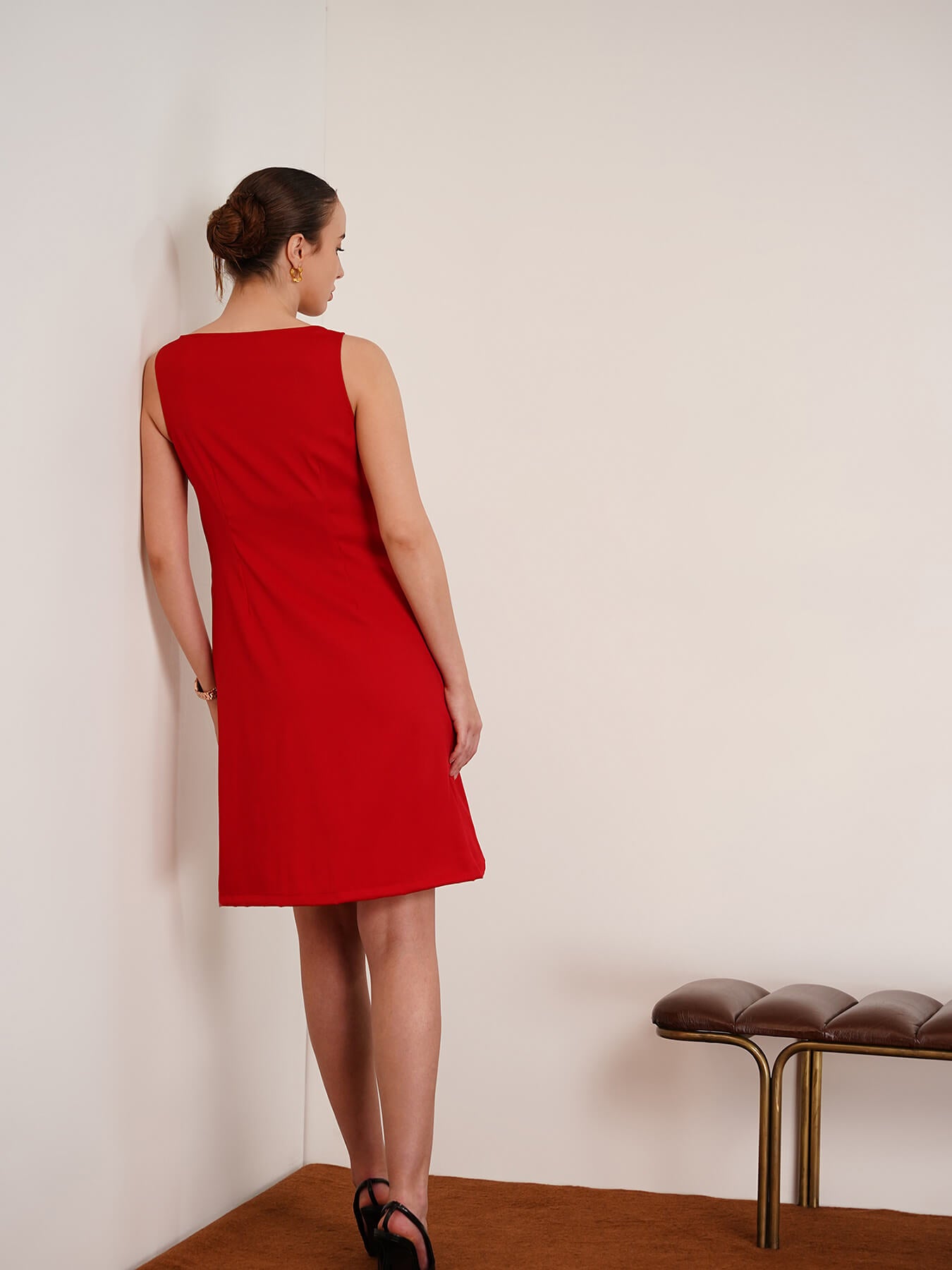 Stylised Neck Piping Detail Shift Dress - Red