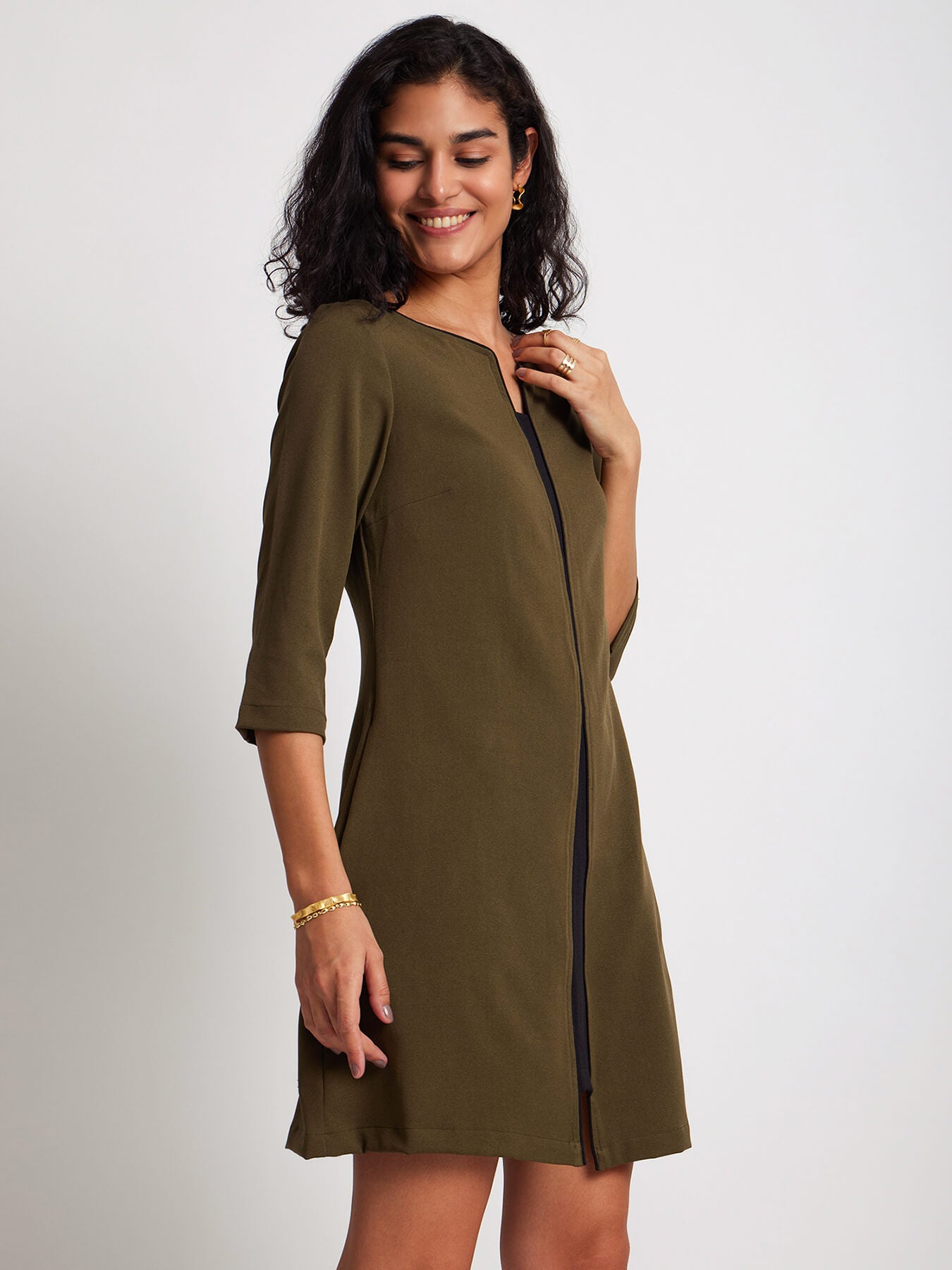 Colour Block A-Line Dress - Olive Green