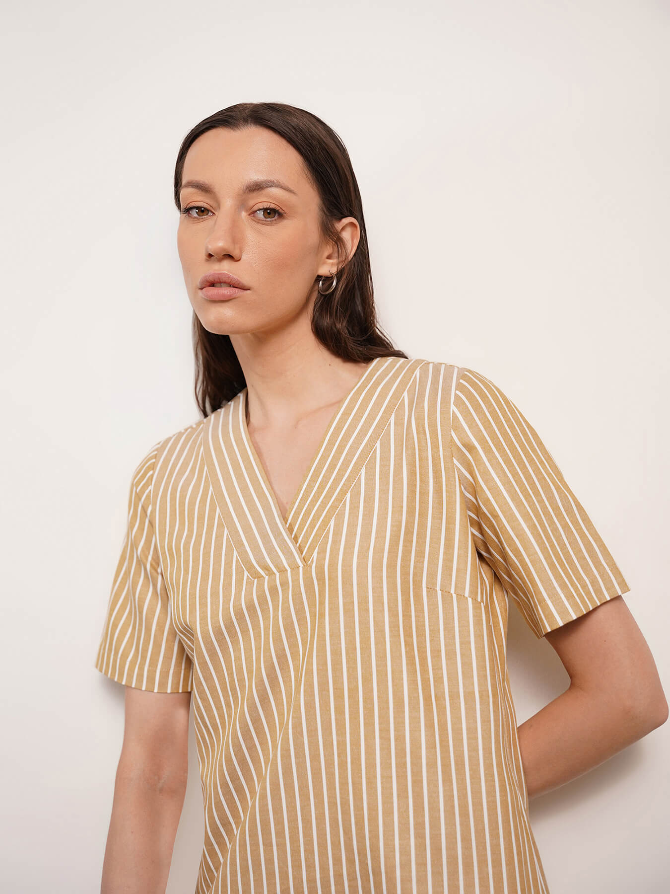 Cotton Striped Shift Dress - Mustard