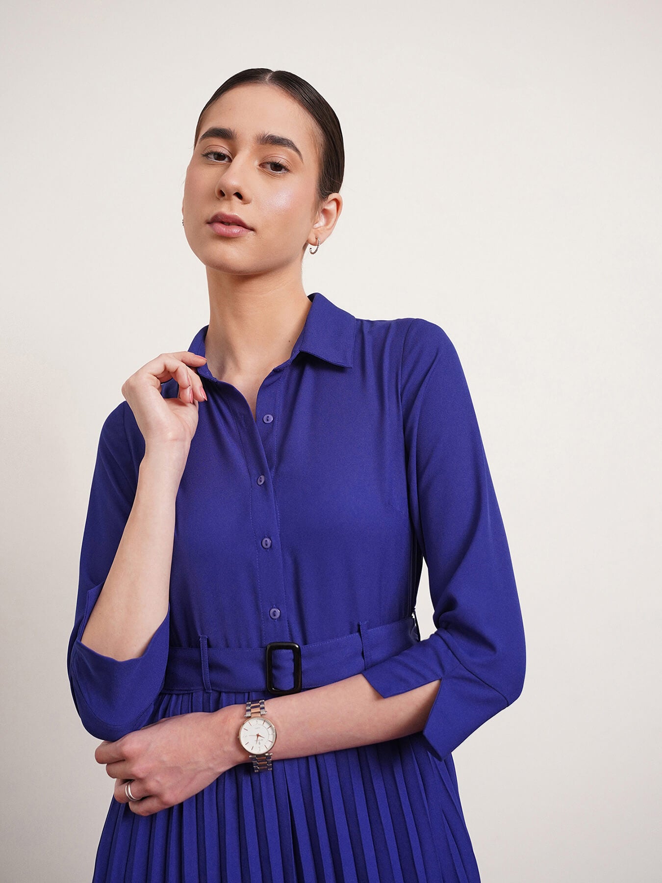 Collared Pleated Fit and Flare Dress - Royal Blue