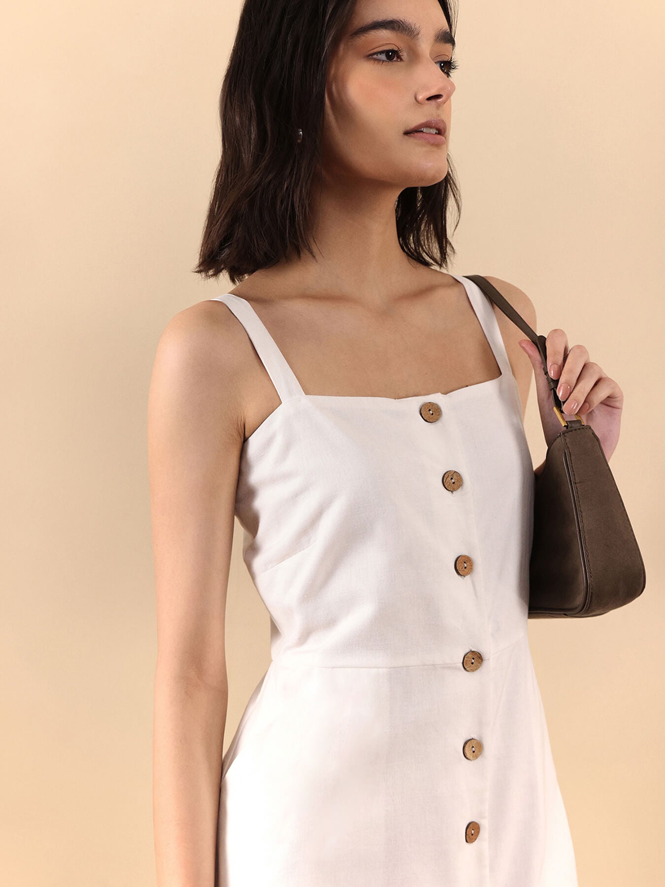 Button-Down Strap Midi Dress - White