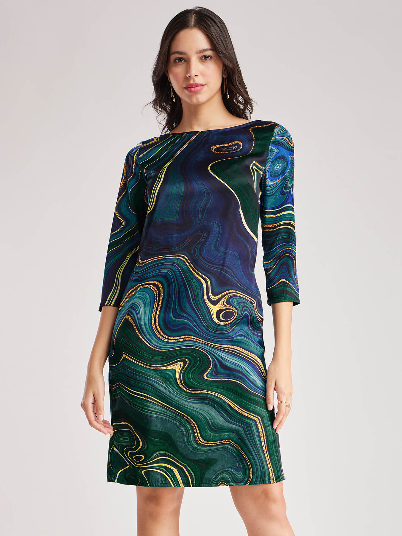 Satin Boat Neck Shift Dress - Navy Blue