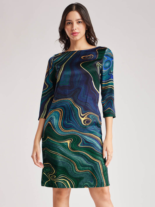 Satin Boat Neck Shift Dress - Navy Blue