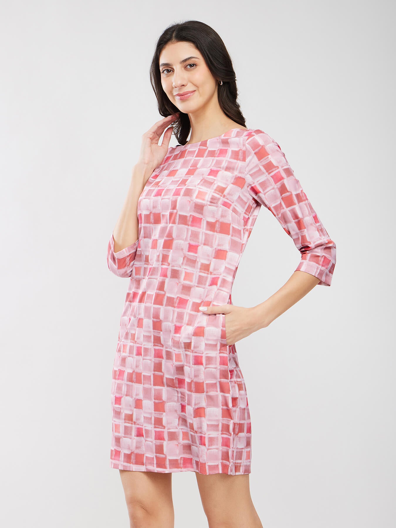 Geometric Print Dress - Pink And Off White