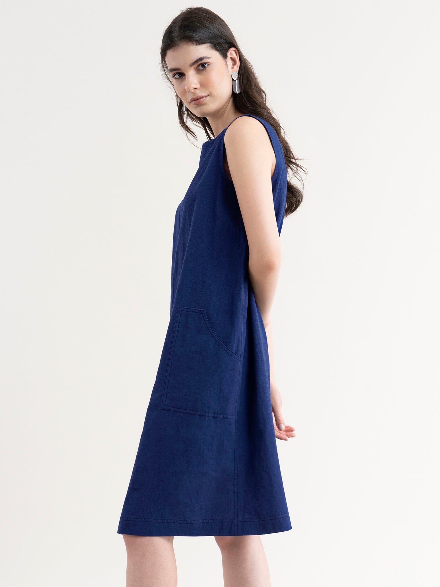 Linen Dress With Pintuck Detail - Navy Blue