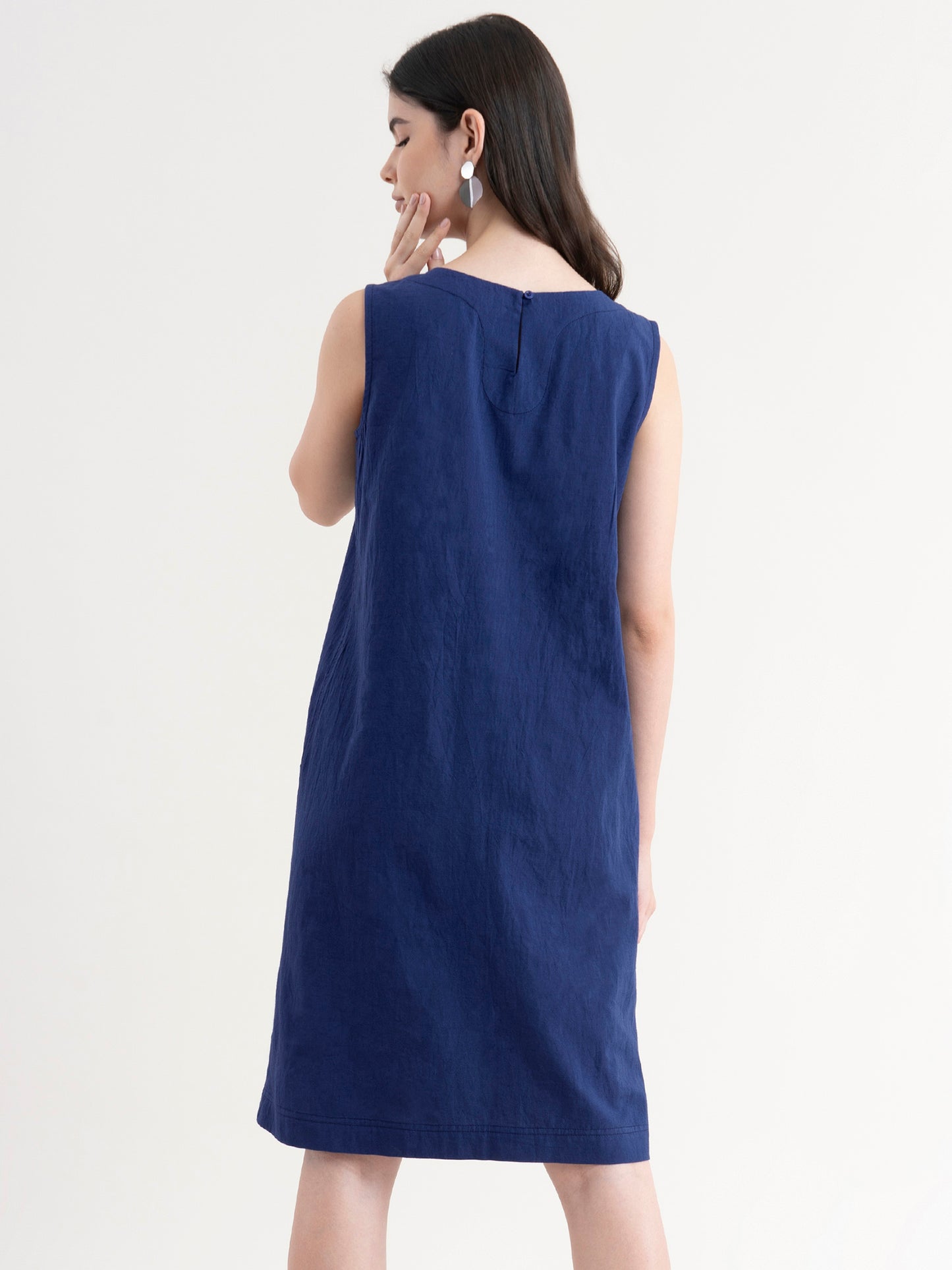 Linen Dress With Pintuck Detail - Navy Blue