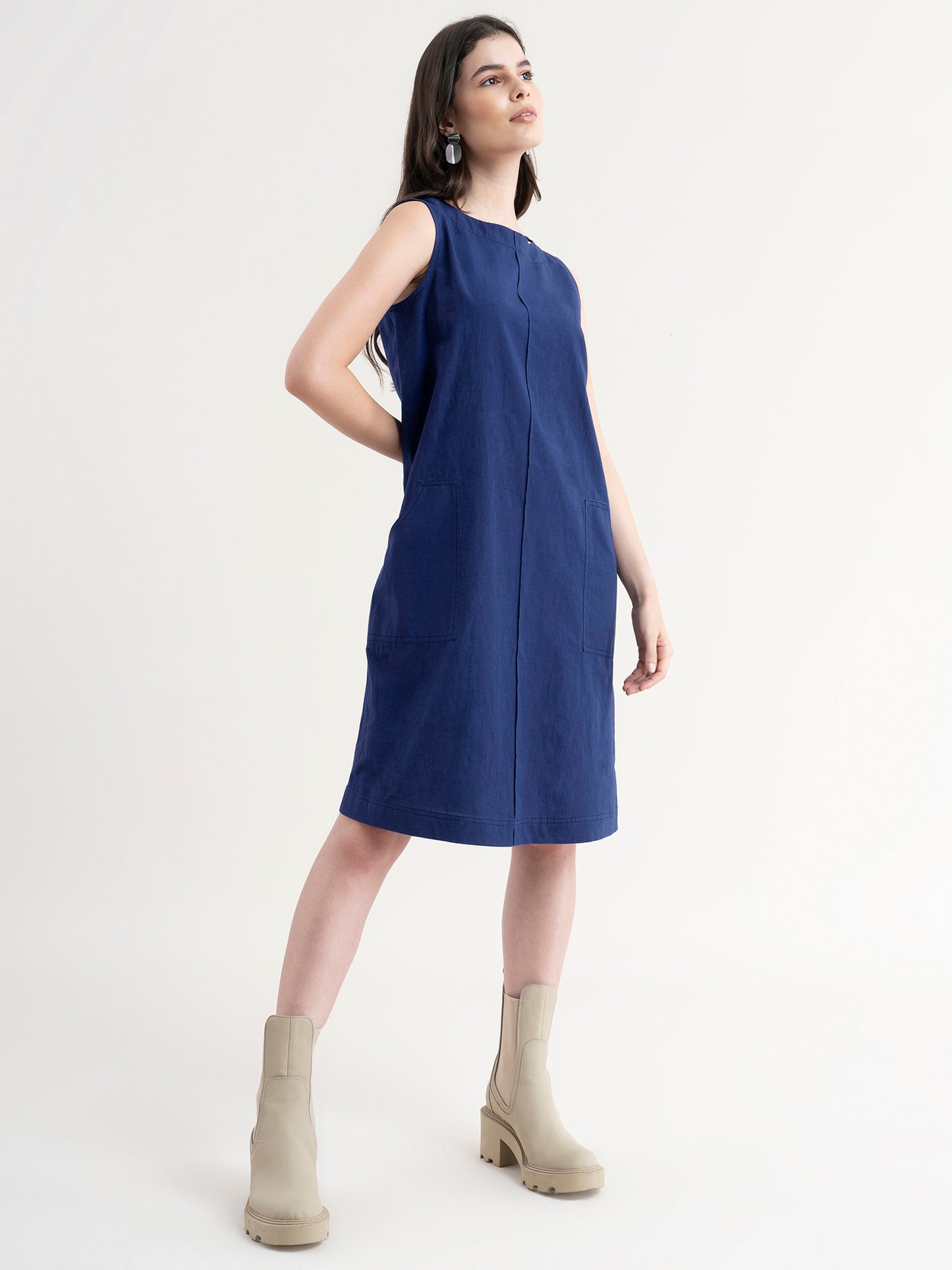 Linen Dress With Pintuck Detail - Navy Blue