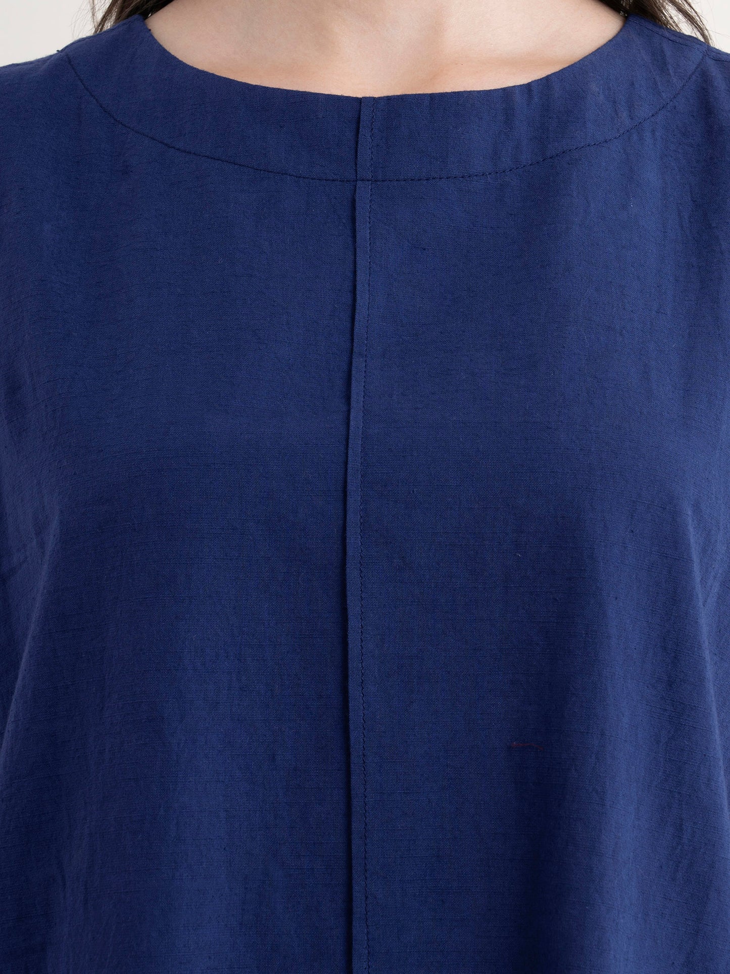 Linen Dress With Pintuck Detail - Navy Blue
