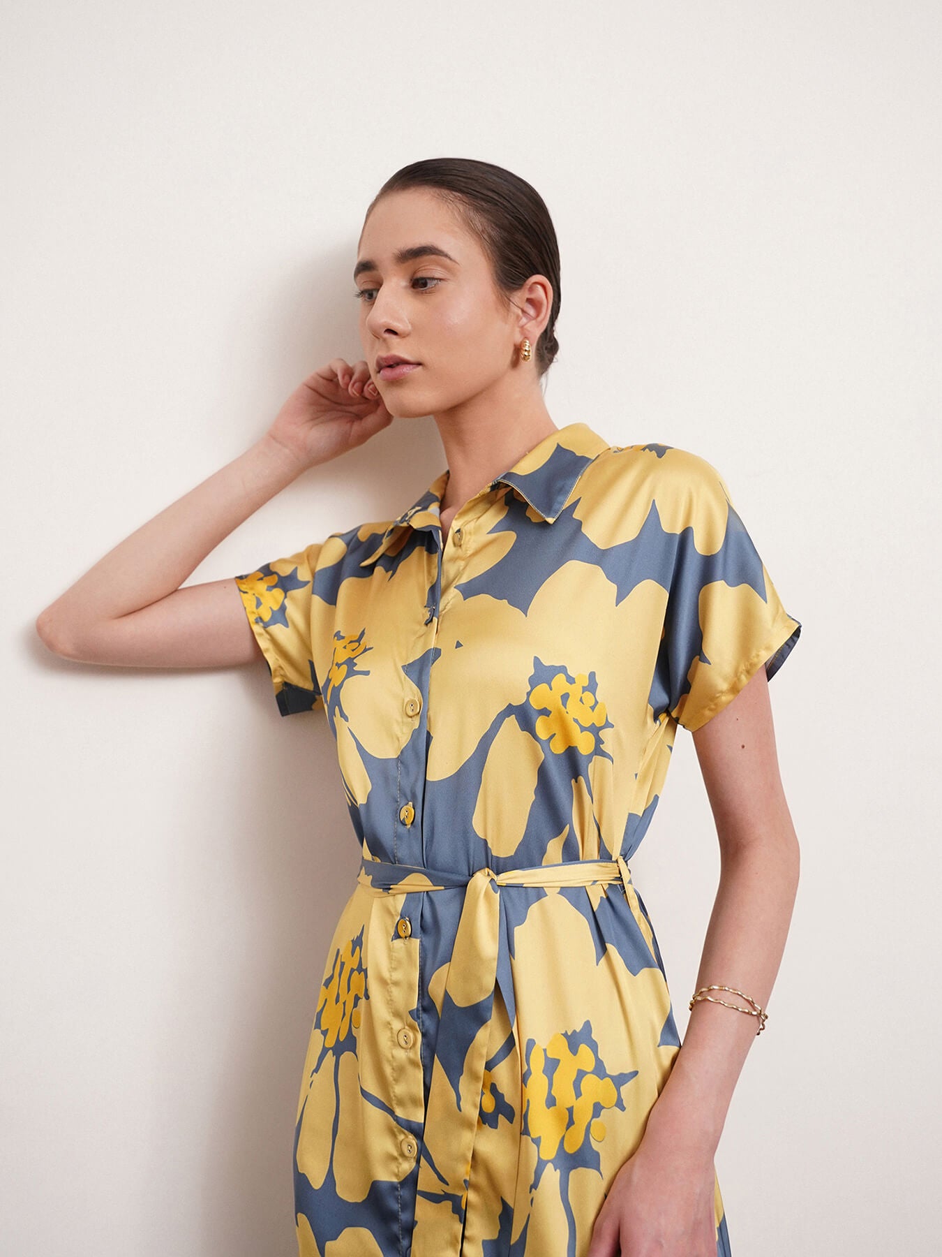 Satin Floral Print Shirt Dress - Yellow And Grey