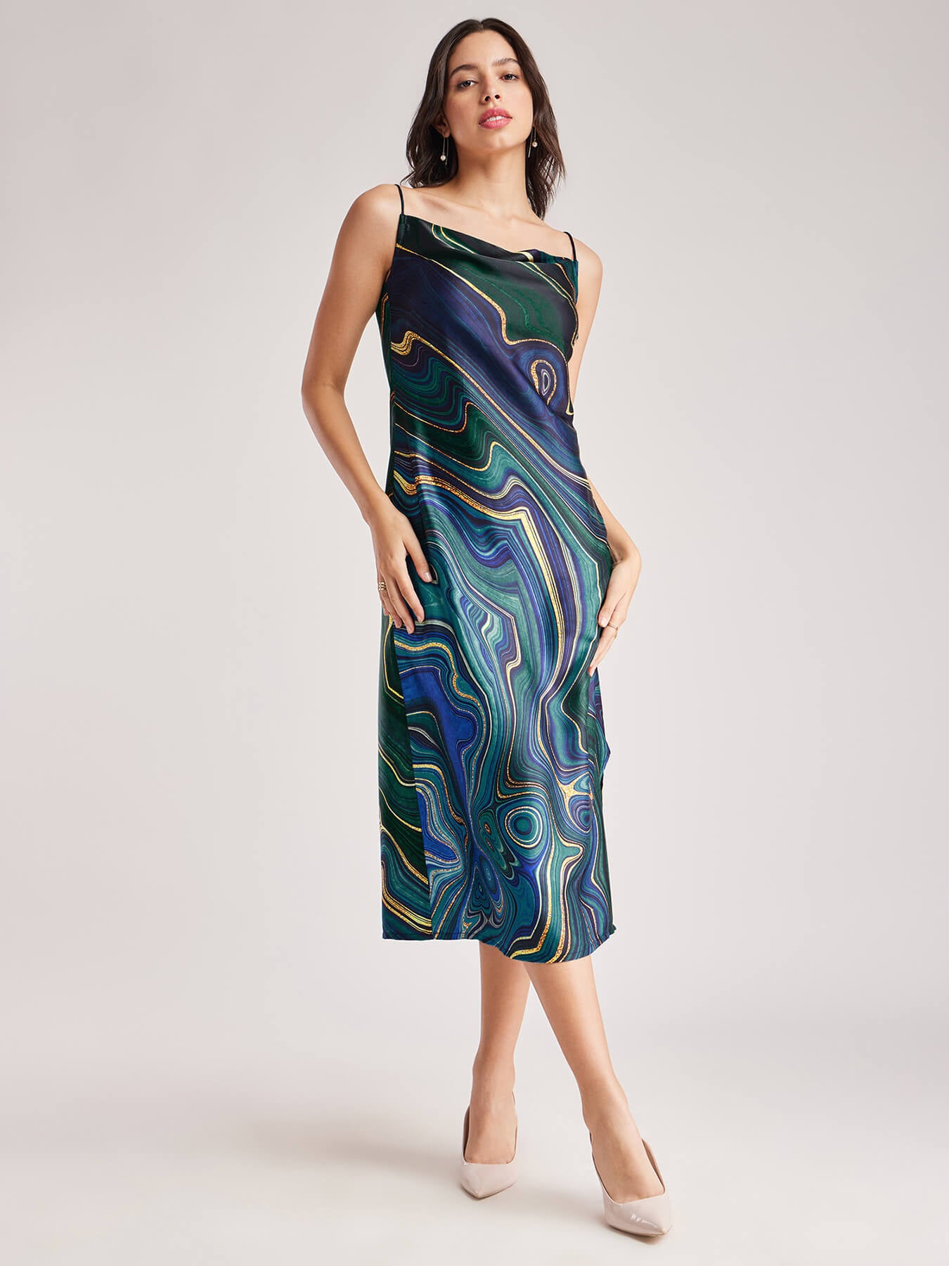 Satin Cowl Neck Dress - Navy Blue