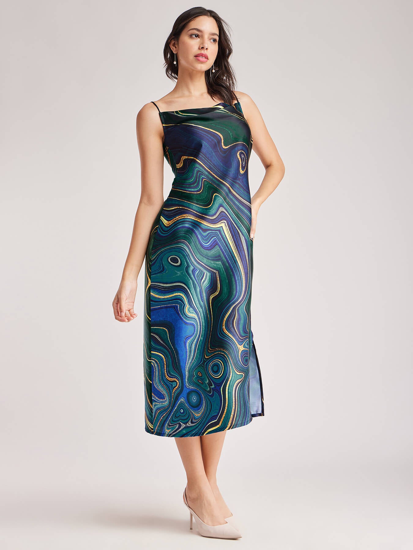 Satin Cowl Neck Dress - Navy Blue