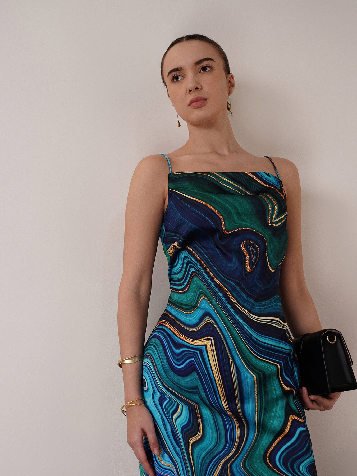 Satin Cowl Neck Dress - Navy Blue