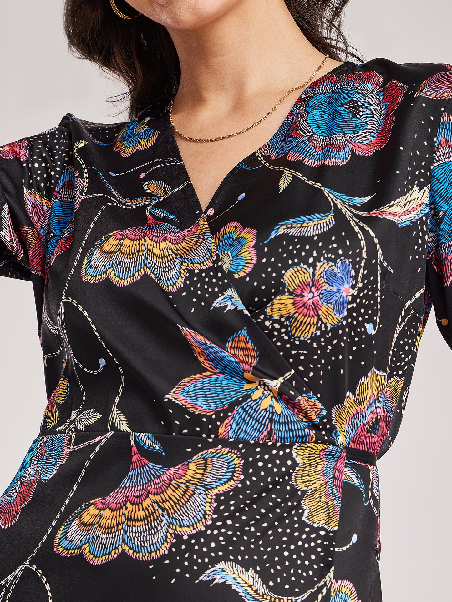 Satin Floral Wrap Dress - Black And Multicolour