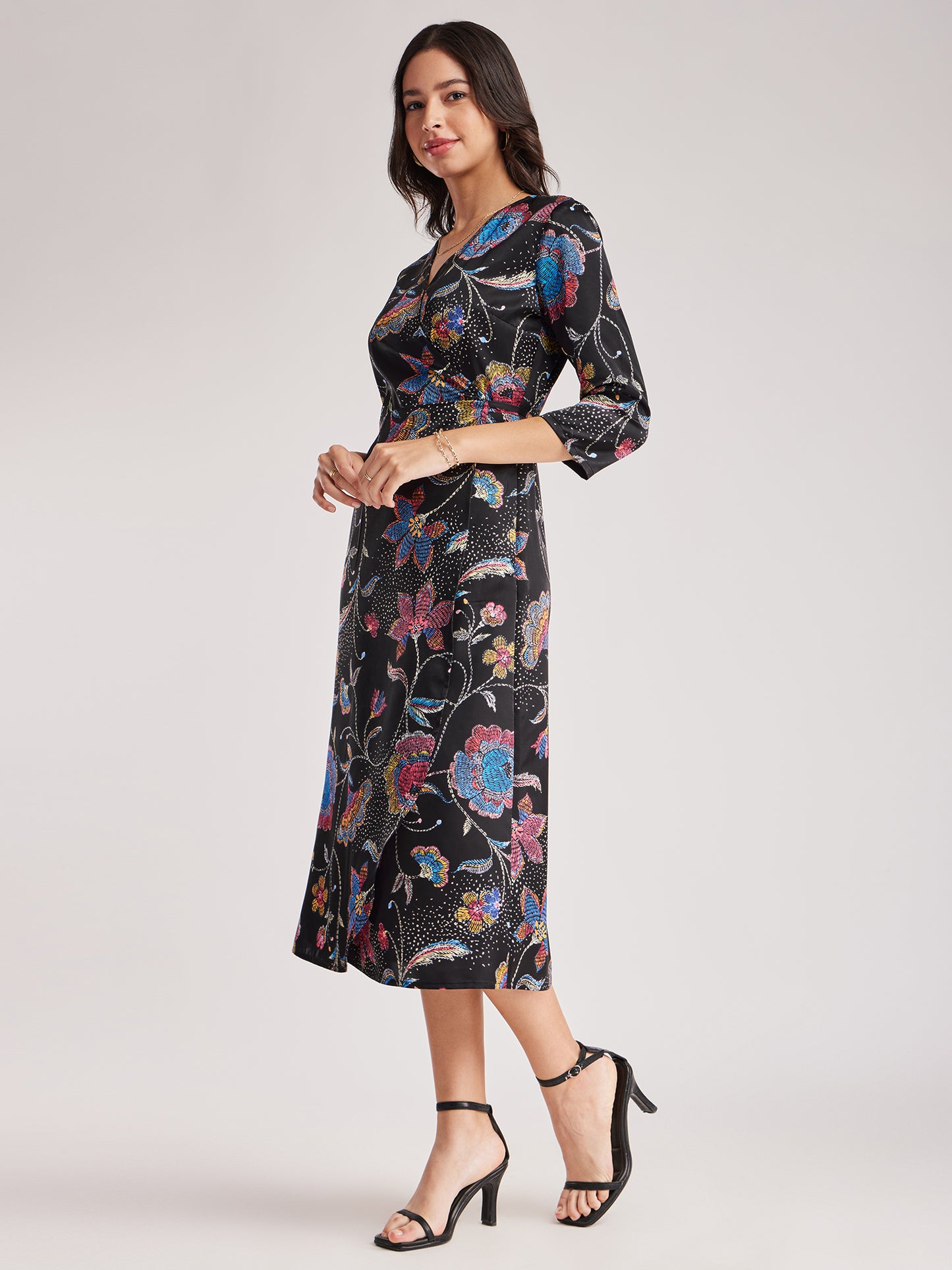 Satin Floral Wrap Dress - Black And Multicolour
