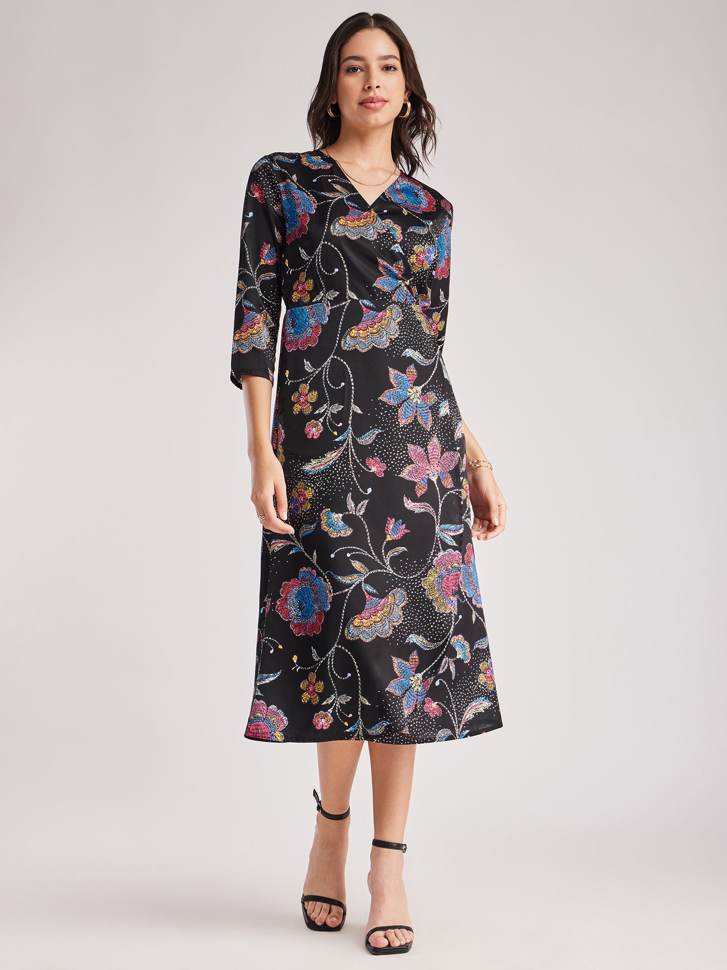 Satin Floral Wrap Dress - Black And Multicolour