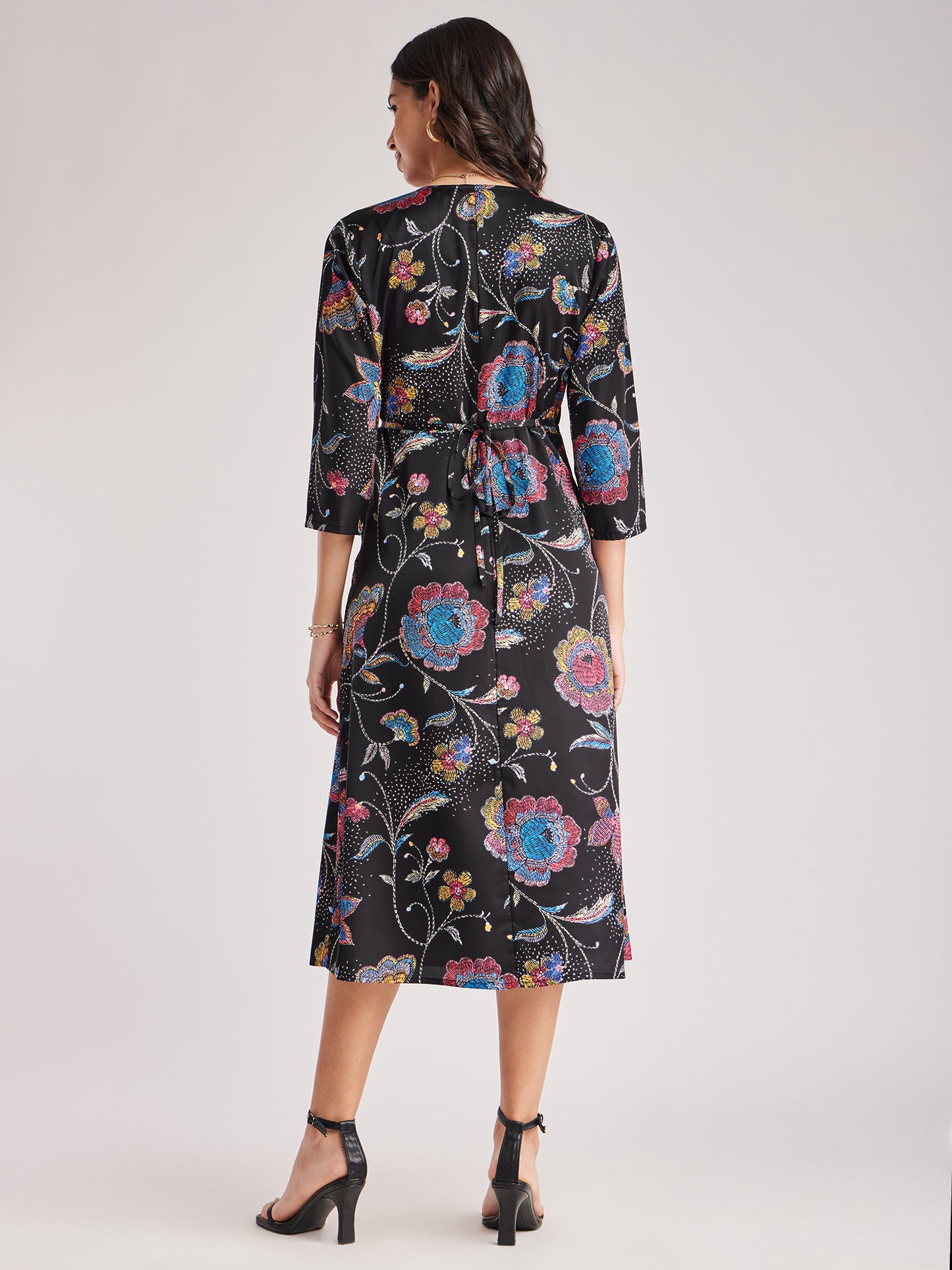 Satin Floral Wrap Dress - Black And Multicolour