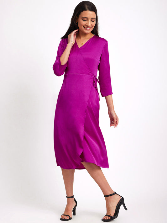 Satin V Neck Wrap Dress - Fuchsia