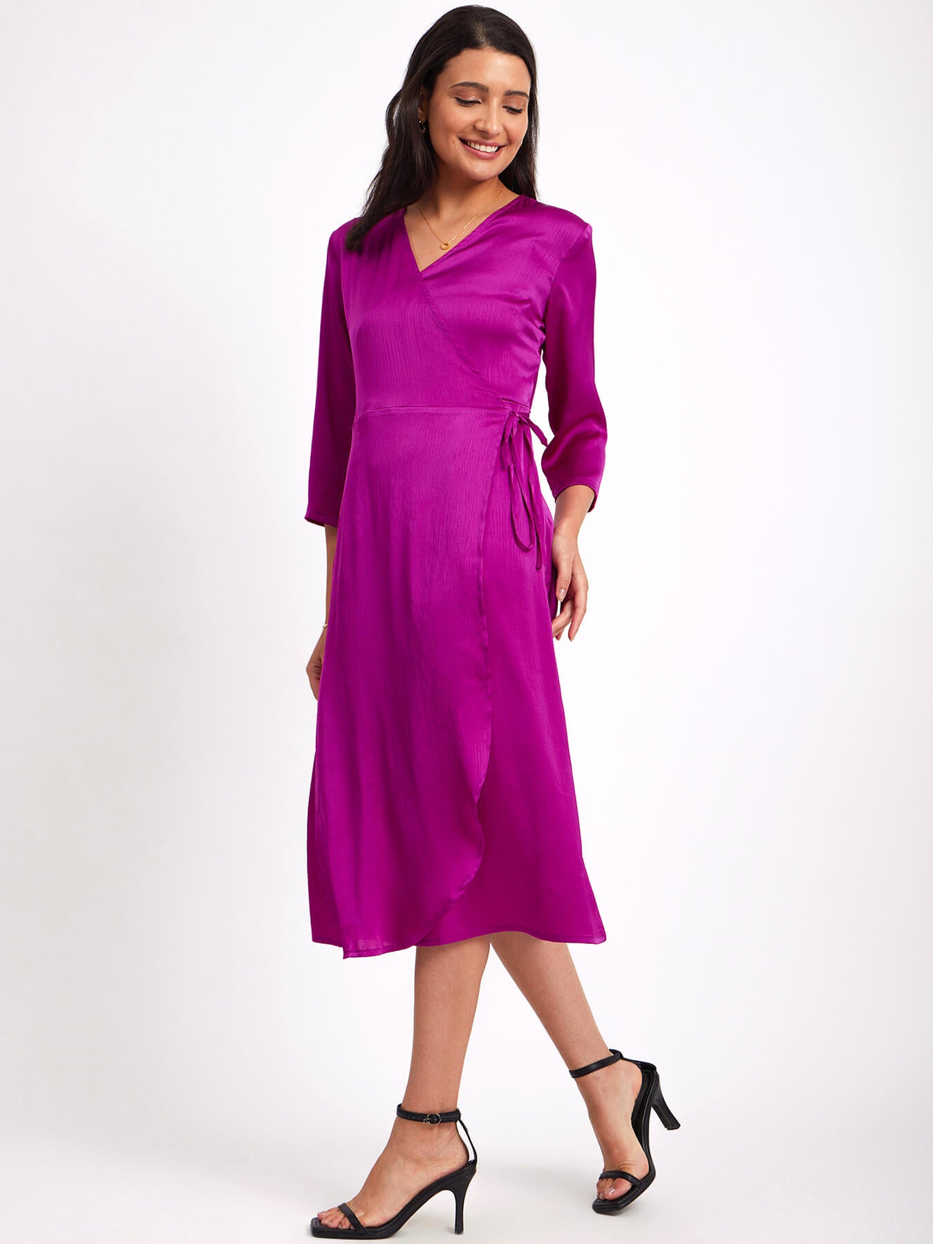 Satin V Neck Wrap Dress - Fuchsia