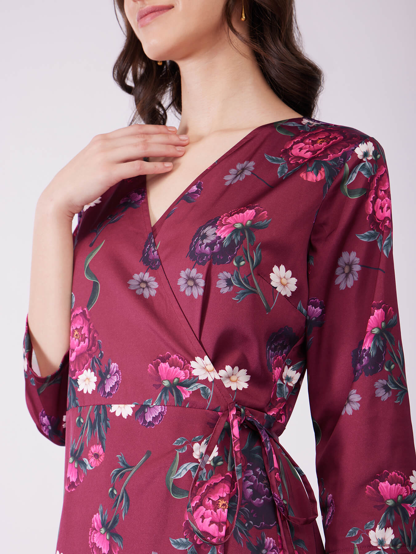 Stretch Satin Floral Wrap Dress - Plum