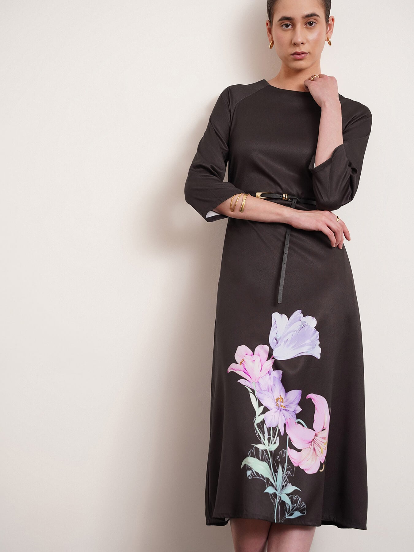 Floral Print A-Line Dress - Black