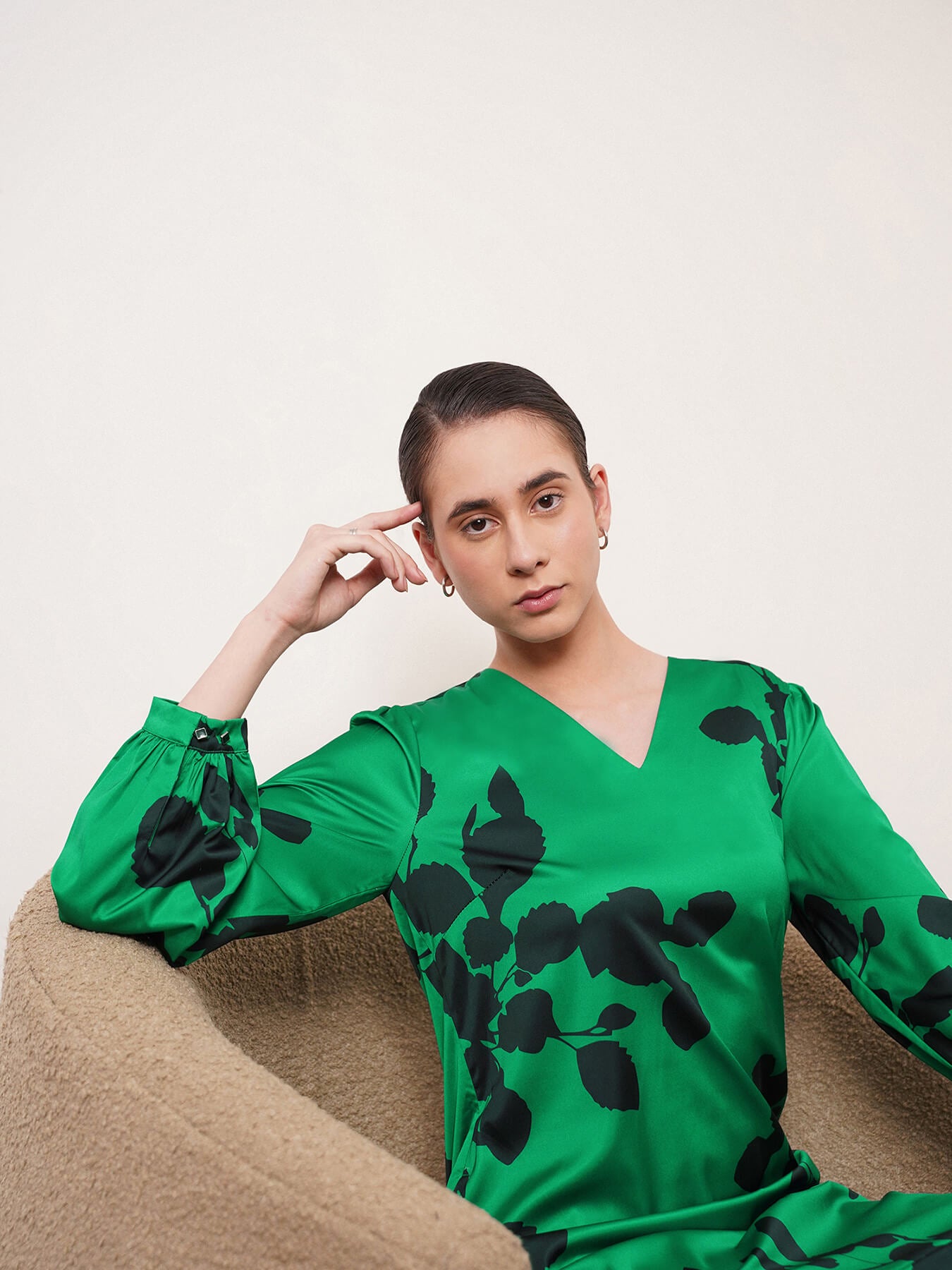 Satin Floral Print Shift Dress - Green And Black