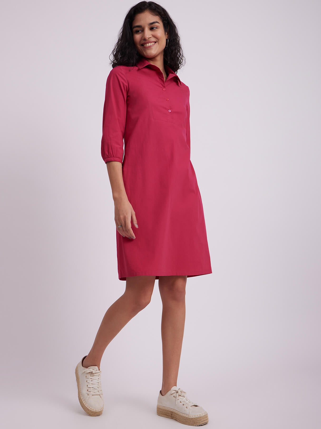 Tie Up Sleeve Dress - Fuchsia