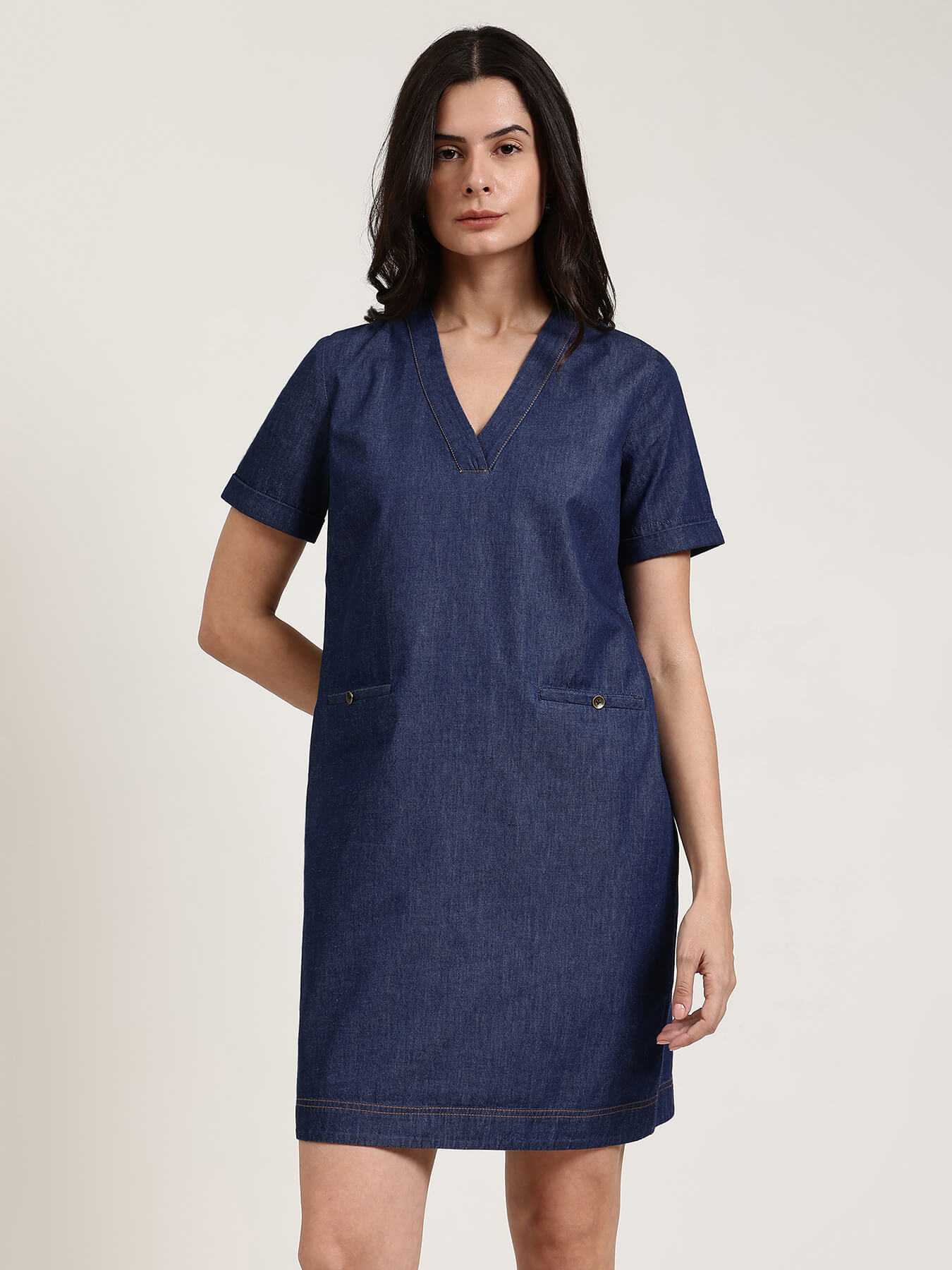 Denim V-Neck Dress - Navy Blue