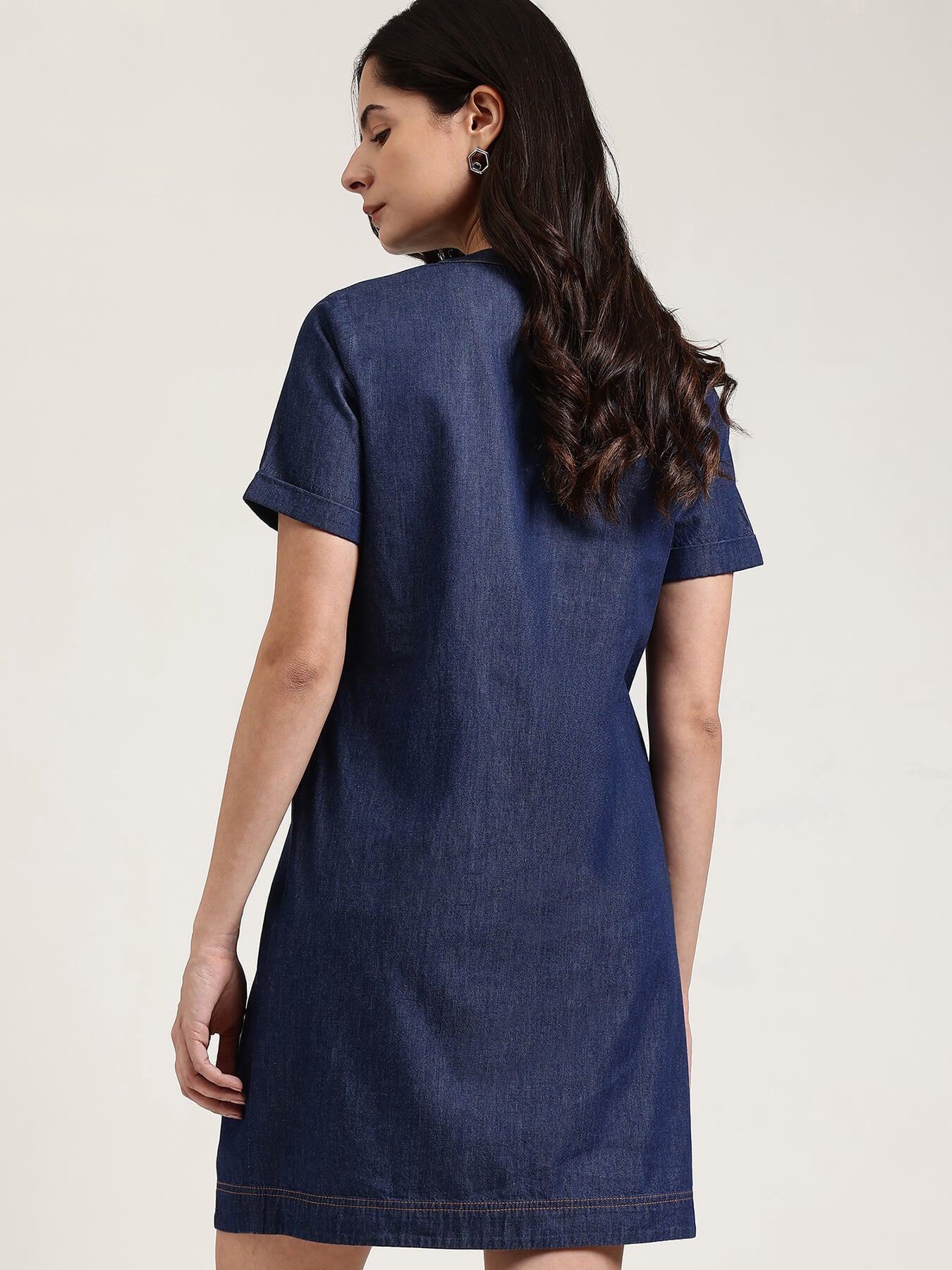 Denim V-Neck Dress - Navy Blue