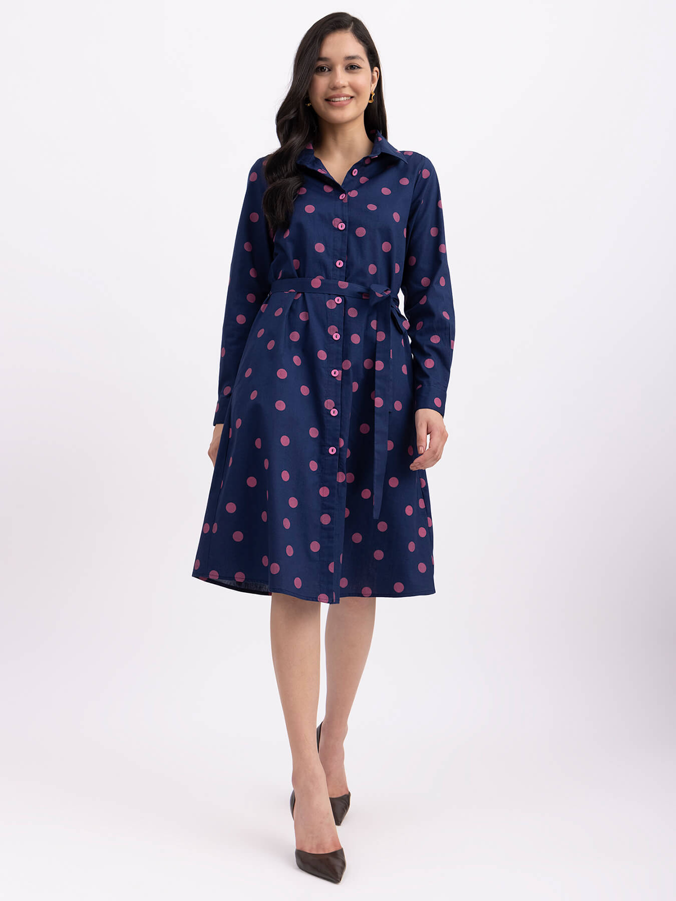 Cotton Polka Shirt Dress - Navy Blue And Pink