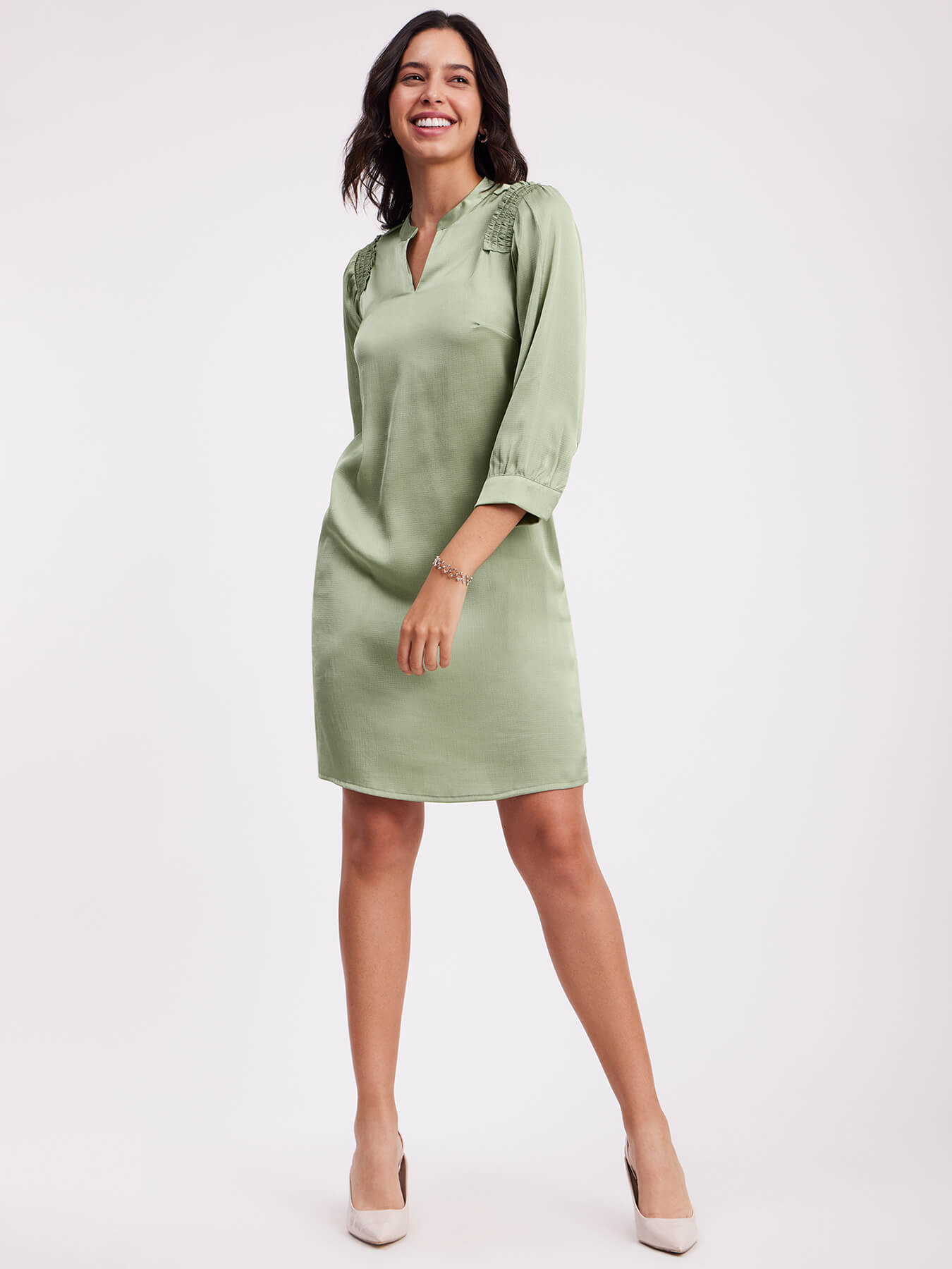 Satin Round Neck Dress - Sap Green