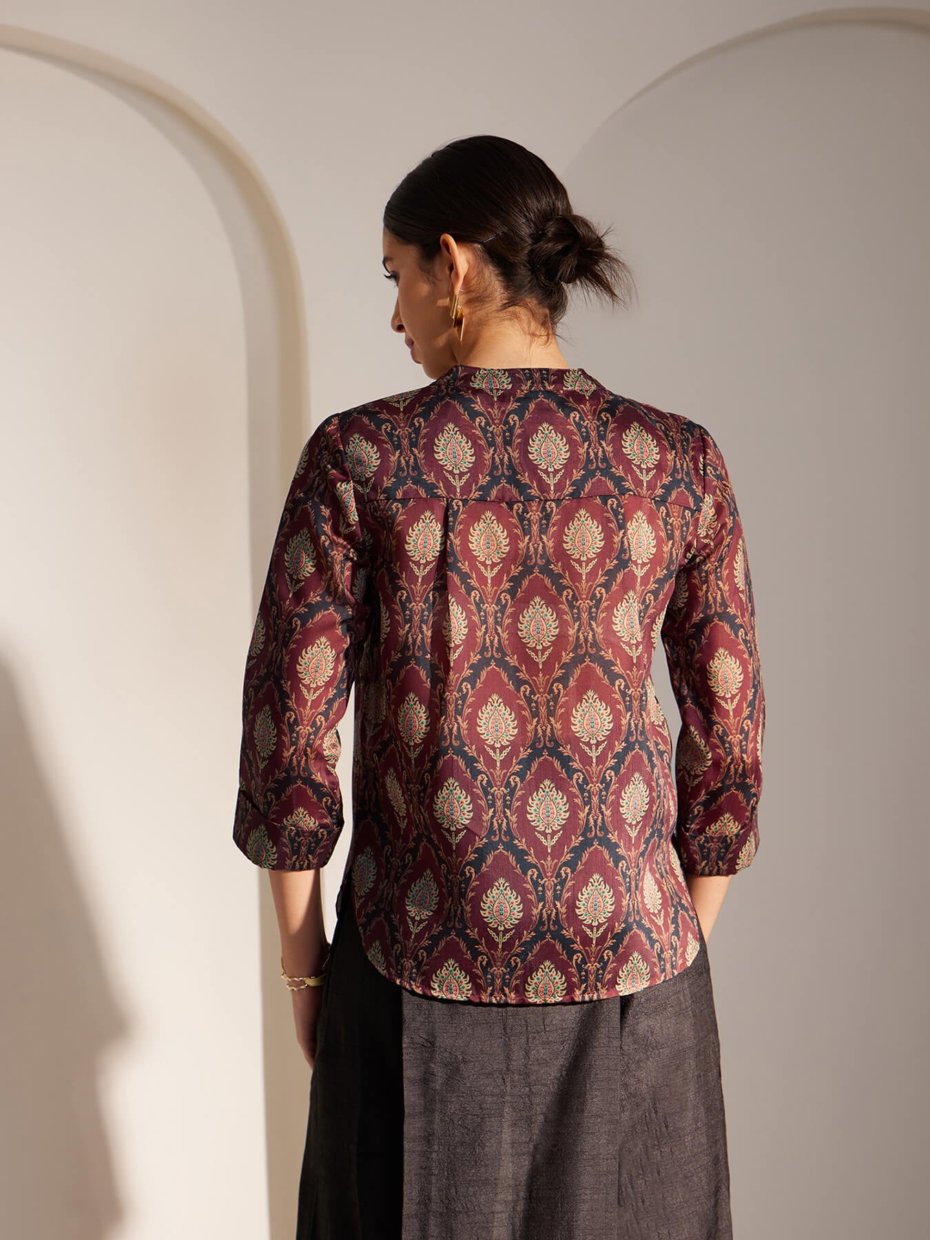 Chanderi Indian Motifs Pleated Top - Maroon